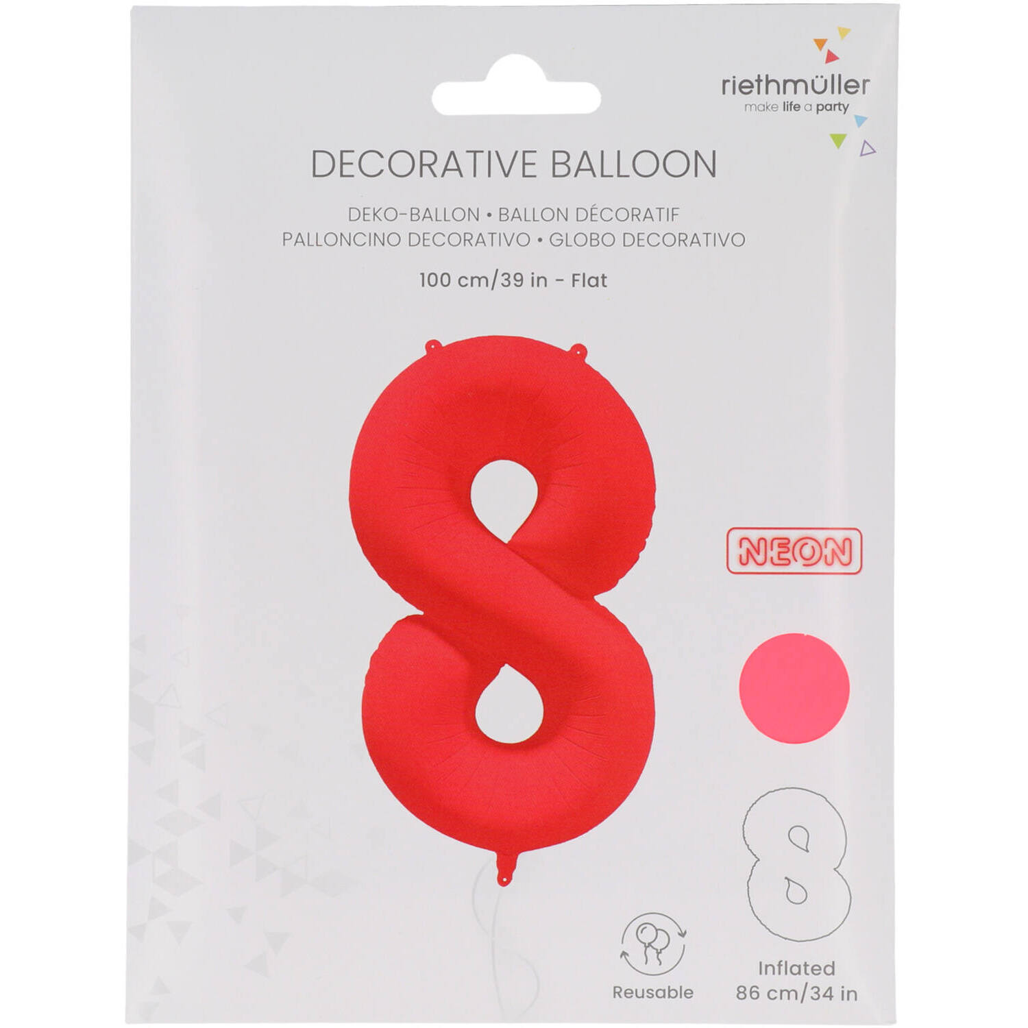 Foil Balloon Number 8 - Neon Red - 86 cm