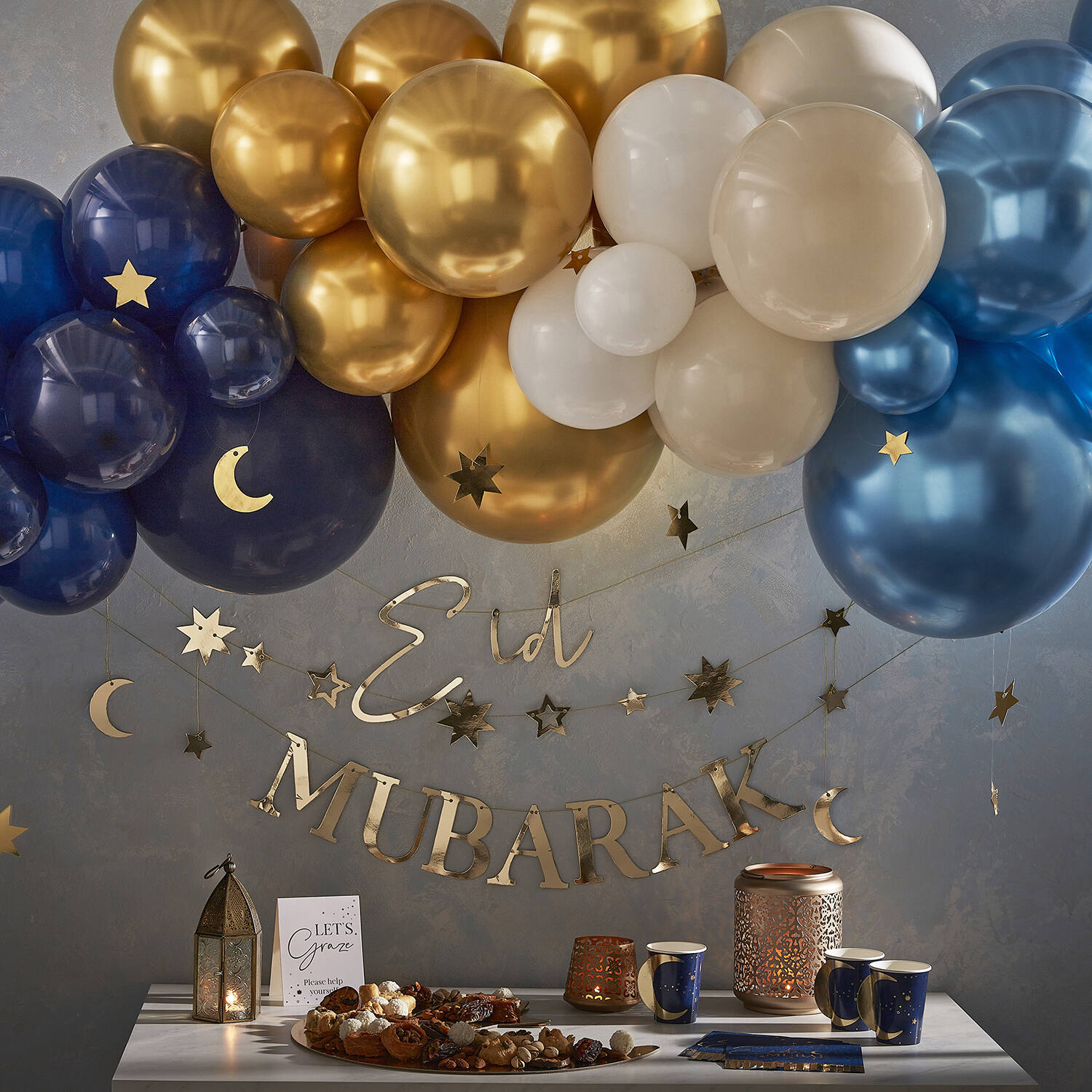 Bunting - Eid Mubarak with Moons and Stars - Gold