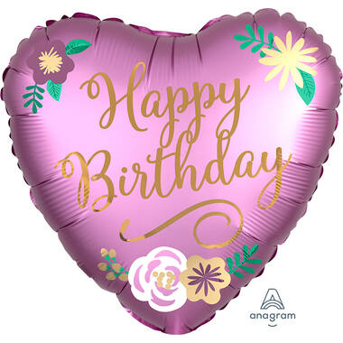 Foil Balloon - Shape - Heart - "Happy Birthday" - Satin Purple and Flowers - 45 cm