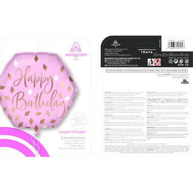 Foil Balloon - Shape - Heptagon - "Happy Birthday" - Pink - 58 x 55 cm