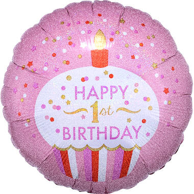 Foil Balloon - "HAPPY 1st BIRTHDAY" Cupcake - Pink - 45 cm