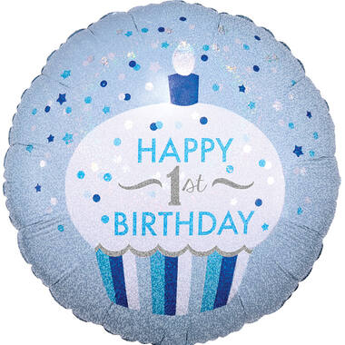 Foil Balloon - "HAPPY 1st BIRTHDAY" Cupcake - Blue - 45 cm