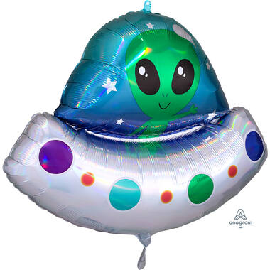 Foil Balloon - Shape - Alien in Spaceship - Holographic - 71 x 53 cm