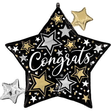 Foil Balloon - Stars "Congrats" - Black Gold