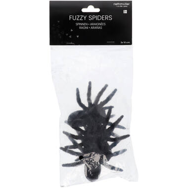 3 Fuzzy Spiders Black Plastic 8 x 10 cm