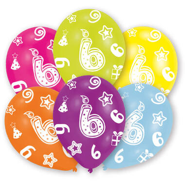 6 Latex Balloons All Round Printed Age 6 assorted 27.5 cm / 11"