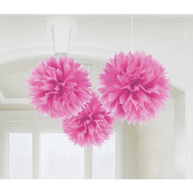 3 Fluffy Decorations Bright Pink Paper 40.6cm