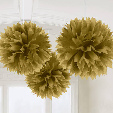 3 Fluffy Decorations Gold Paper 40.6 cm