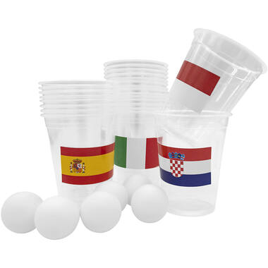 Drinking Game Beer Pong Set Country with 24 Cups, 6 Balls and Flag Stickers Plastic Cups