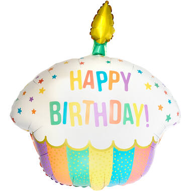 Large Shape Rainbow Birthday Cupcake Foil Balloon H40 packaged 58 cm x 66 cm