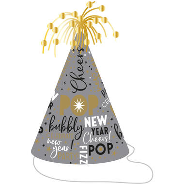 Cone Hat with Tinsel "Happy New Year" Paper / Foil Silver / Gold Height 23,5 cm