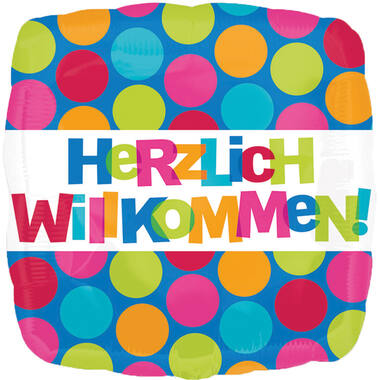 Foil Balloon - Shape - Square - "HeRzLicH WillKoMMeN!" - 45 cm