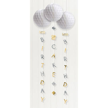 3 Honeycomb Decorations With Tails Birthday Accessories Silver & Gold Paper Height 121,9cm