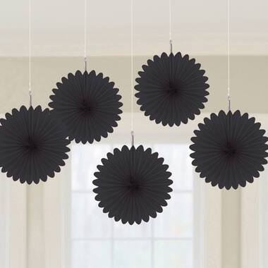 5 Fan Decorations Black Paper 15.2 cm