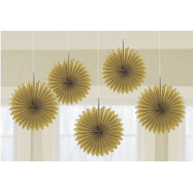 5 Fan Decorations Gold Paper 15.2 cm