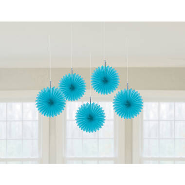 5 Fan Decorations Caribbean Blue Paper 15.2 cm
