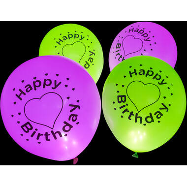 4 Latex Balloons LED Happy Birthday Heart 27.5 cm / 11"