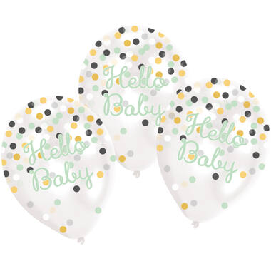 6 Latex Balloons Clear Confetti Filled Hello Baby 27.5 cm / 11"
