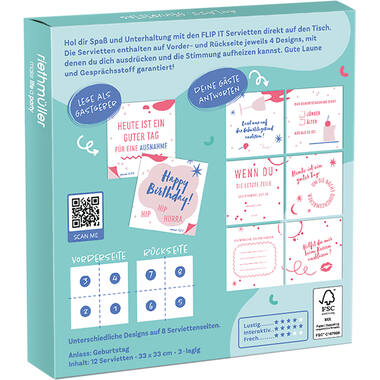 12 Flip Napkins Birthday GER Double-Sided Print 33 x 33 cm