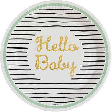 8 Plates Hello Baby Round Paper 23 cm