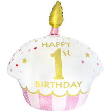 Large Shape Holographic 1st Birthday Cupcake Girl Foil Balloon H50 Packaged 66 cm x 58 cm