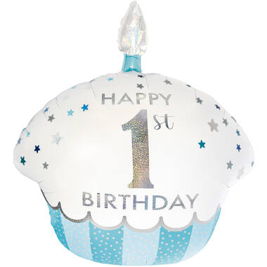 Large Shape Holographic 1st Birthday Cupcake Boy Foil Balloon H50 Packaged 67 cm x 58 cm