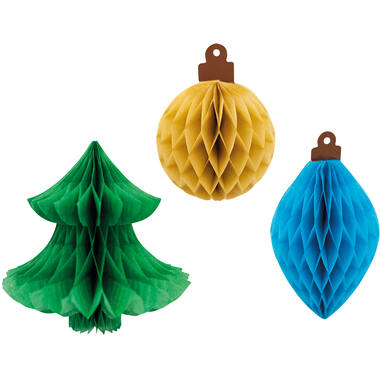 Honeycomb Hanging Decorations Winter Woodland 9 x 12 cm, 7 x 14 cm, 16 x 16 cm