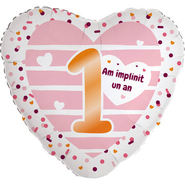 Foil Balloon - Heart Shape - "1 Am împlinit un an" - Romanian - 45 cm