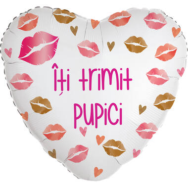 Foil Balloon - Heart Shape - “Îți trimit pupici” - Romanian - 45 cm