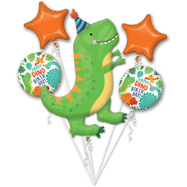 Foil Balloon Bouquet - Dino - Green and Orange - 5 pieces