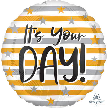 Foil balloon - "It's Your DAY!" Gold/Silver Striped - 45 cm