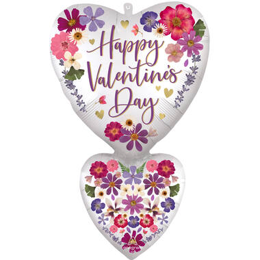 Foil Balloon - Shape - Double Hearts - "Happy Valentine's Day" - Pressed Flowers