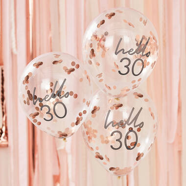 Rose Gold Confetti Filled 'Hello 30' Balloons