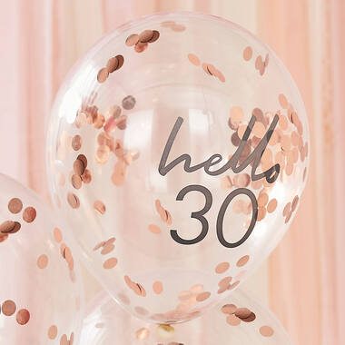 Rose Gold Confetti Filled 'Hello 30' Balloons