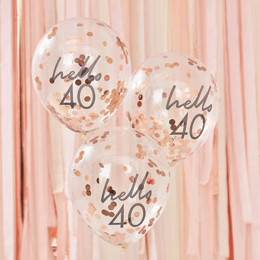 Rose Gold Confetti Filled 'Hello 40' Balloons