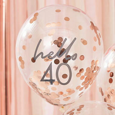 Rose Gold Confetti Filled 'Hello 40' Balloons