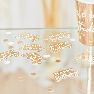gold and white happy birthday confetti