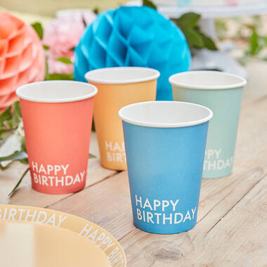 Eco Paper Cups - Happy Birthday - Mixed Colours