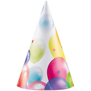 8 Party Cone Hats Balloons Paper Height 16.2 cm