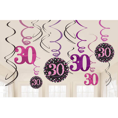 12 Swirl Decorations 30 Sparkling Celebration - Pink Foil / Paper 61 cm