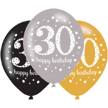 6 Latex Balloons Sparkling Birthday Age 30 27.5 cm / 11"