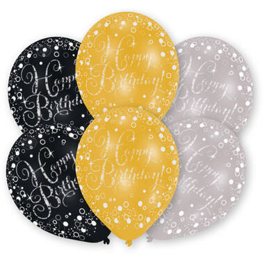6 Latex Balloons Gold, Silver, Black 27.5 cm / 11"