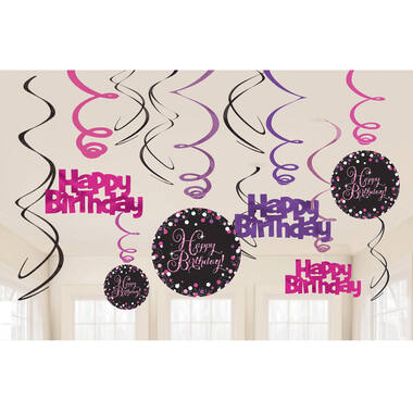 12 Swirl Decorations Sparkling Celebration - Pink Foil / Paper 61 cm