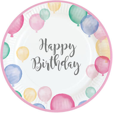 8 Plates Happy Birthday Pastel Round Paper 23 cm