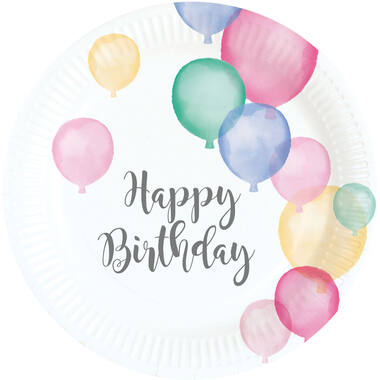 8 Plates Happy Birthday Pastel Round Papier 18 cm