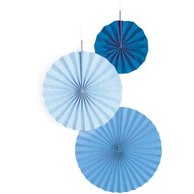 3 Fan Decorations Sky Blue Paper 18 cm / 30 cm / 38 cm