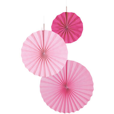 3 Fan Decorations Hot Pink Paper 18 cm / 30 cm / 38 cm