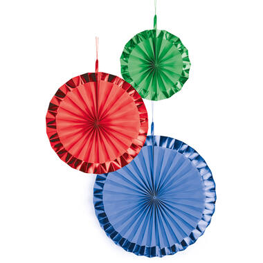 3 Fan Decorations Bright Rainbow Paper 18 cm / 30 cm / 38 cm