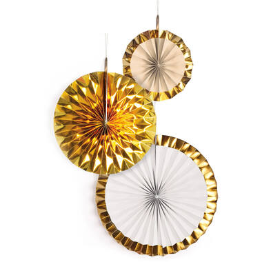 3 Fan Decorations Gold Brush Paper 18 cm / 30 cm / 38 cm