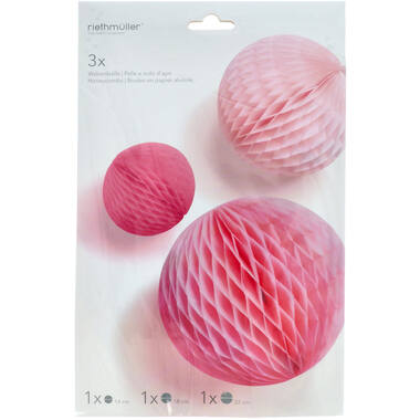3 Honeycomb Decorations Hot Pink Paper 14 cm / 18 cm / 22 cm